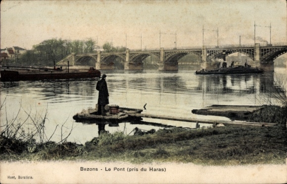 Postcard Bezons Val d'Oise, river landscape, bridge, person standing by the water