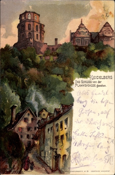 Artist Chromo-Litho Pfaff, C., Heidelberg am Neckar, Castle seen from Plankengasse