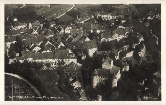 Postcard Meersburg on Lake Constance, aerial photograph of building, landscape, aircraft photograph