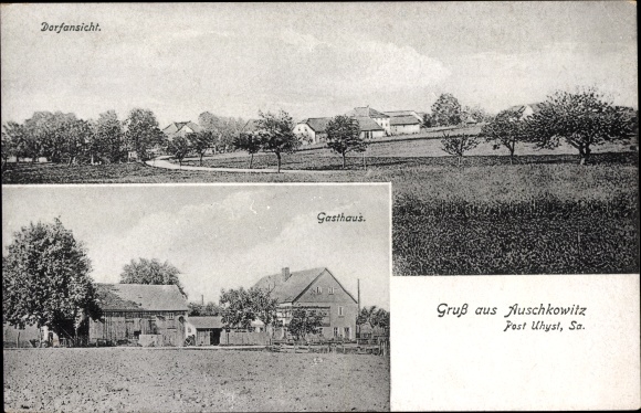 Postcard Auschkowitz Burkau Saxony, village view, view of an inn, fields
