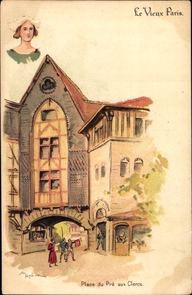 Artist Chromo-Litho Robida, Albert, Old Paris, Cour du Pre aux Clercs, A la Fermière