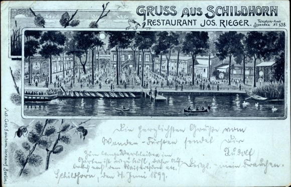 Moonlight Chromo-Litho Berlin Wilmersdorf Grunewald, Restaurant Schildhorn, bees