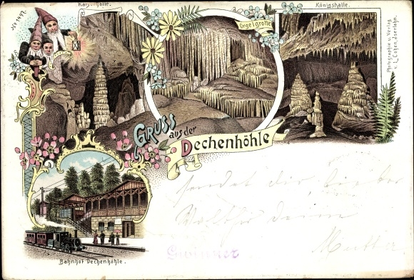 Chromo-Litho Green Iserlohn in the Märkisches Kreis, Dechen cave, royal hall, dwarfs, organ grotto, train station