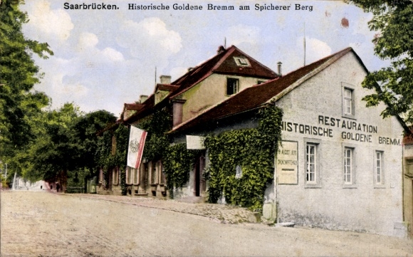 Postcard Saarbrücken, restoration of the historic Goldene Bremm on the Spicherer Berg, Spichern, Spicheren