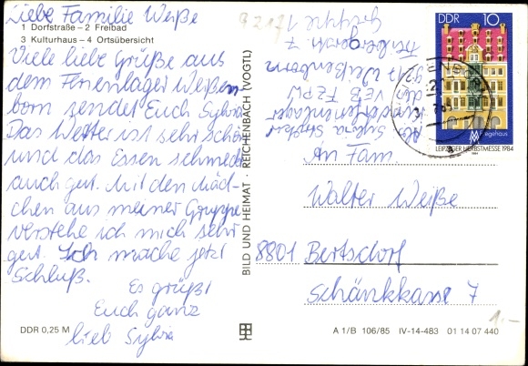 Postcard Weißenborn in the Ore Mountains, Dorfstraße, outdoor pool, cultural center, overview of the town