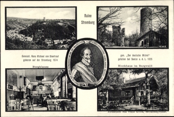 Postcard Stromberg in the Hunsrück, panorama, Stromburg ruins, Burgklause, log house in the castle forest