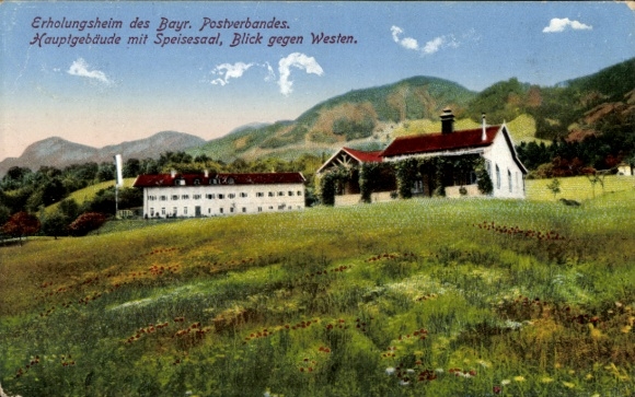 Postcard Brannenburg in Upper Bavaria, recreation home of the Bavarian Postal Association, main building, dining room