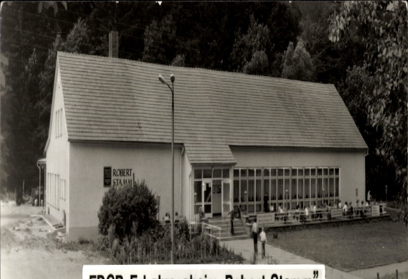 Biberau Schleusegrund memorial in Thuringia, building with Robert Stamm's inscription, terrace, people...