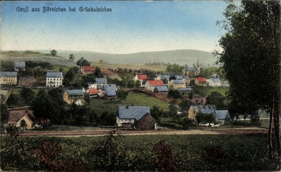 Postcard Börnichen in the Ore Mountains, colorful landscape with houses, trees in the foreground, view of the church...