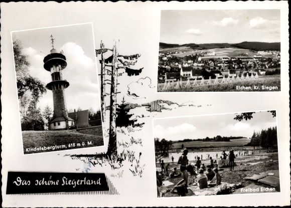 Ak Eichen im Westerwald, afstandsschot, buitenzwembad, Kindelsbergturm