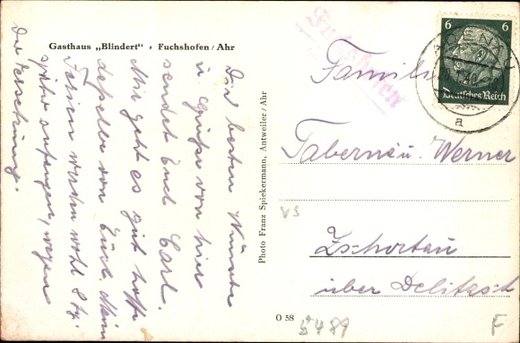 Postcard Fuchshofen Ahrweiler Pfalz, partial view with Gasthof Blindert
