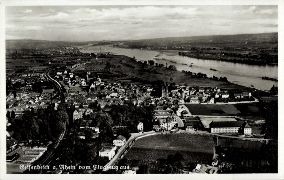 Postcard Geisenheim am Rhein Hesse, aerial photograph, Rhine, city view, black and white