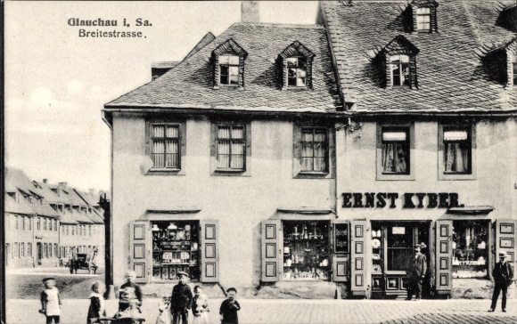Postcard Glauchau in Saxony, Breite Straße, shop of Ernst Kyber