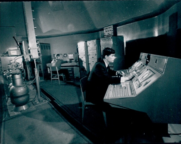 Photo: Senior technician Valery Astakhov at the antenna control panel