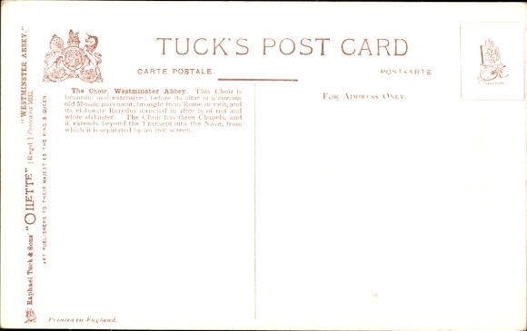 Artist Postcard Flower, Charles F., City of Westminster London City, Westminster Abbey, Tuck 7033