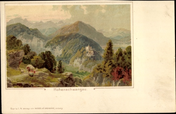 Kunstenaar litho Hohenschwangau Schwangau, kasteel, berglandschap, rotsen