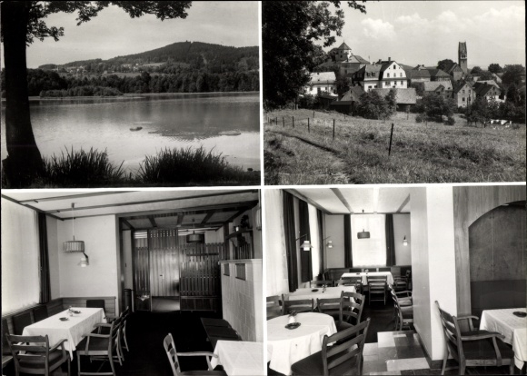Postcard Schönberg Bad Brambach im Vogtland, KG restaurants, lake, view of the town, dining room