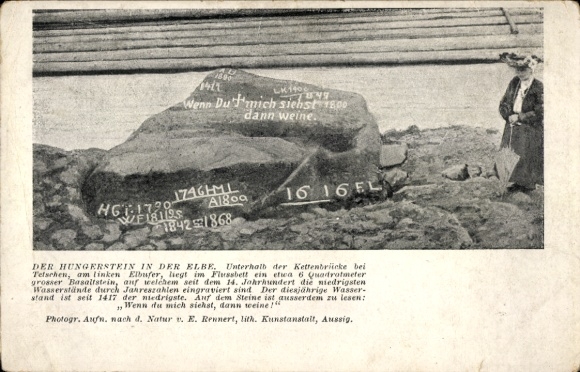 Postcard Děčín Tetschen on the Elbe, Ústí nad Labem Region, Hungerstein in the Elbe, basalt stone, water levels...