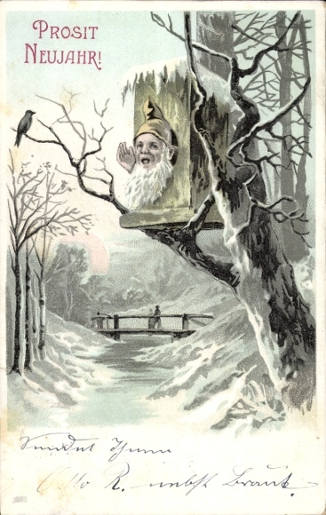 Happy New Year, dwarf in a birdhouse
