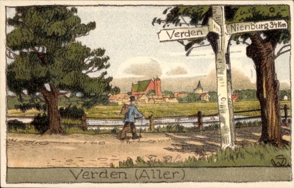 Artist Postcard Verden Aller, hiker, surroundings, sign