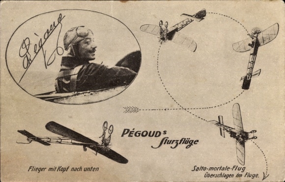 Postcard Aviation, Pegoud's dives, Salto mortale, portrait of the pilot