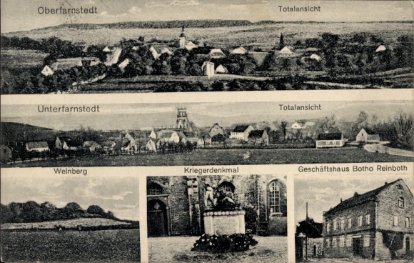 Postcard Oberfarnstedt Farnstädt, Unterfarnstedt, vineyard, war memorial, business building Botho Reinboth