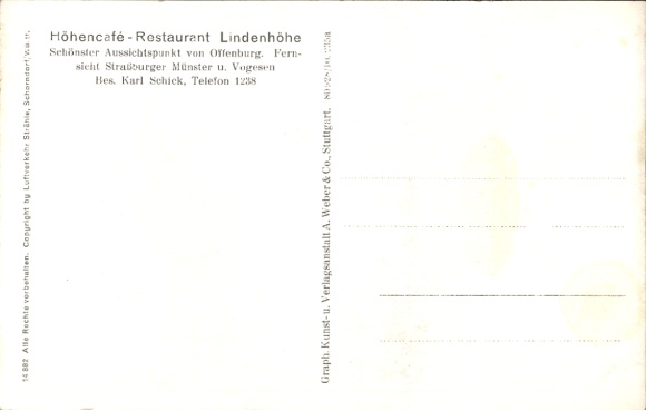 Ak Offenburg in het Zwarte Woud van Baden, Höhencafé-Restaurant Lindenhöhe, gezichtspunt, luchtfoto