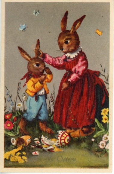 Glitter Postcard Happy Easter, Easter bunnies, broken Easter egg