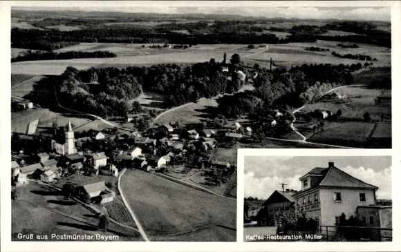 Postcard Postmünster in Lower Bavaria, aerial view of the Müller coffee restaurant, rural surroundings