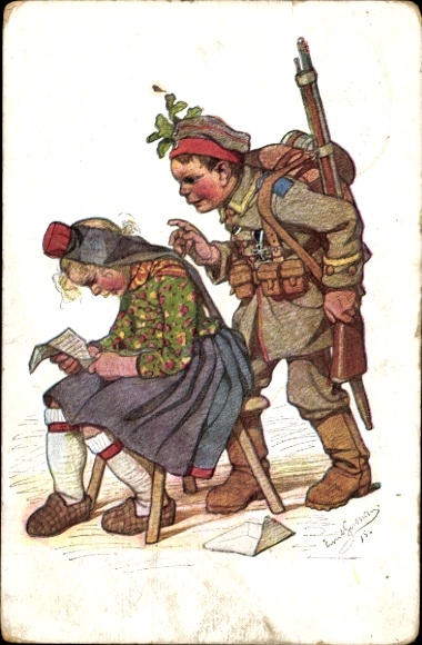 Artist Postcard Beithan, Emil, Hessian costumes, girl reading letter, boy in soldier's uniform