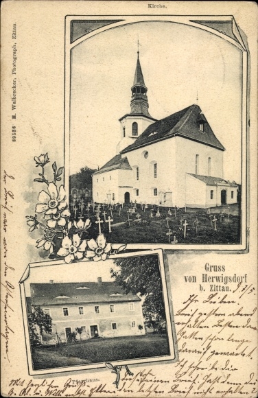 Ansichtkaart Herwigsdorf Mittelherwigsdorf in Saksen, kerk, pastorie