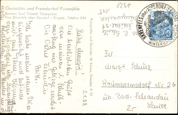 Postcard Oberpöbel Dippoldiswalde in the Eastern Ore Mountains, restaurant Putzmühle, owner Karl Thömel, winter