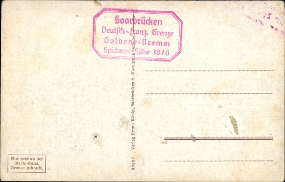Postcard Saarbrücken, Goldene Bremm, German French border, barrier, Spicherer height, monument