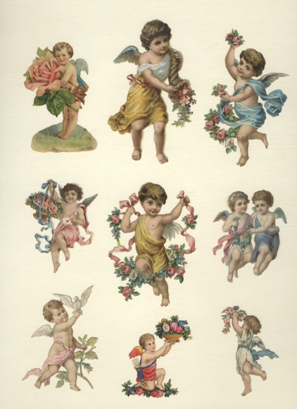 9 wafer angels with roses and white doves, approx. 10 x 6 cm to 6 x 3.5 cm