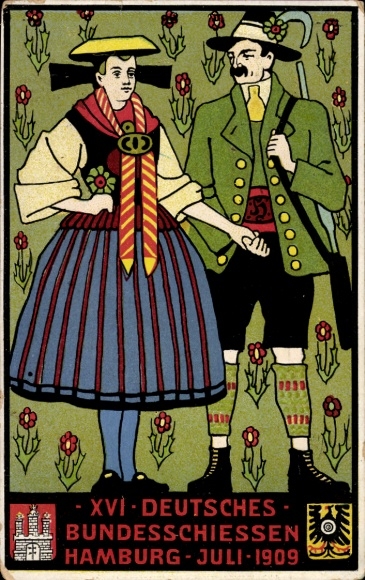 Artist Postcard Hamburg, XVI. German Federal Shooting 1909, Vierländerin in traditional costume, coat of arms
