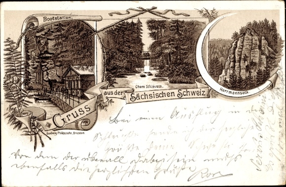 Forerunner Chromo-Litho Hinterhermsdorf Sebnitz, boat station, upper lock, Herrmannseck