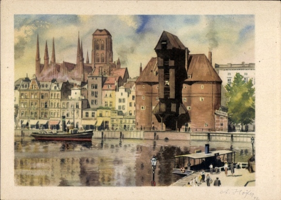 Künstler Ak Höfer, A., Gdańsk Danzig, Krantor, St. Marienkirche, Mottlau