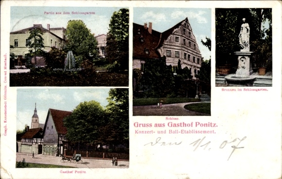 Postcard Ponitz Altenburger Land Thuringia, castle, inn fountain in the castle garden, concert and...