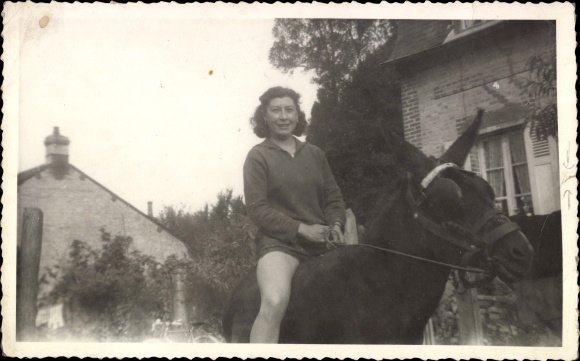 Photo Trouville sur Mer Calvados, woman on a donkey, portrait 1957