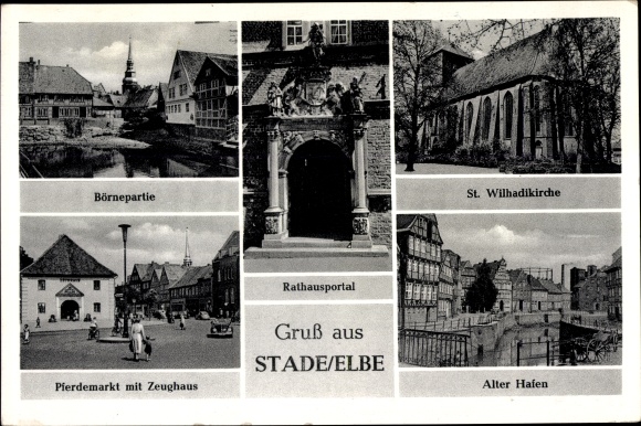 Postcard Stade in Lower Saxony, St. Wilhadi Church, old port, town hall portal, Börnepartie, armory