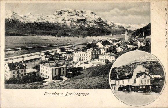 Ak Samaden Samedan Kanton Graubünden, Panorama, Berninagruppe, Bahnhof