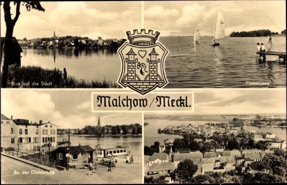 Ak Malchow in Mecklenburg, Blick auf die Stadt, Fleesensee, Teilansicht, An der Drehbrücke, Wappen
