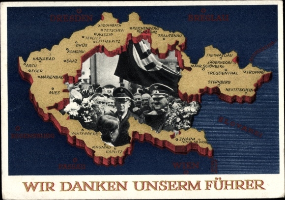 Postal stationery Postcard We thank our leader, Sudetenland, Bohemia, Moravia, Hitler