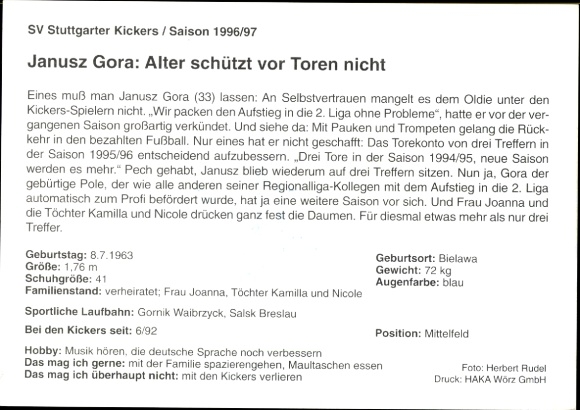 Karta autograf Janusz Góra, Stuttgarter Kickers, autograf