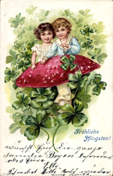 Embossed Chromo-Litho Congratulations Pentecost, Children, Mushroom, Four-leaf Clover, Kitsch