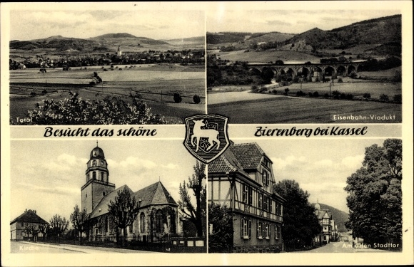 Coat of arms PC Zierenberg in Hesse, general view, railway viaduct, at the old city gate, church