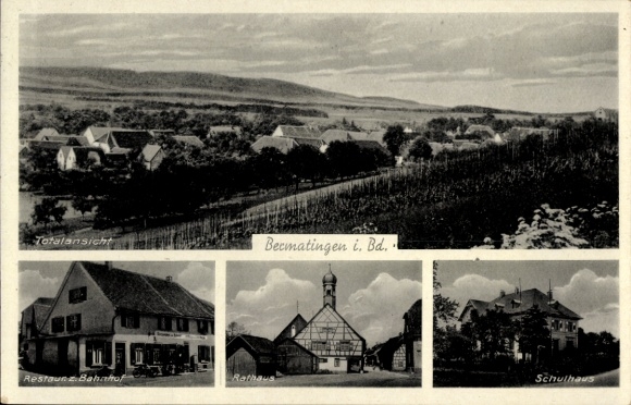Postcard Bermatingen in the Bodenseekreis, restaurant at the train station, shop Fritz Moser, town hall, school