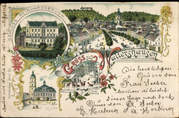 Litho Waltershausen in Thüringen, Panorama, Schloss Reinhardsbrunn, Kirche