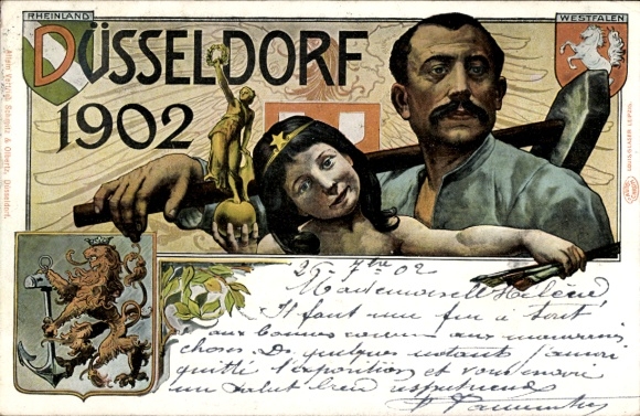 Coat of arms Chromo-Litho Düsseldorf on the Rhine, Industrial and Trade Exhibition 1902, worker and child