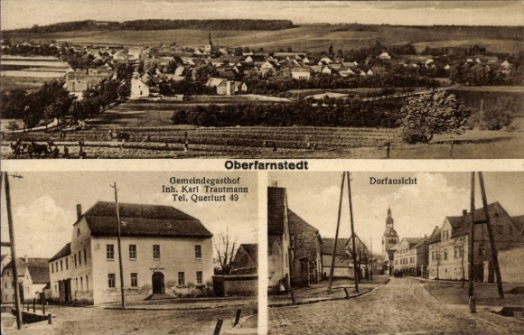 Ak Oberfarnstedt Farnstädt in Saalekreis, panoramisch uitzicht, gemeenschapsherberg, dorpszicht, landelijk